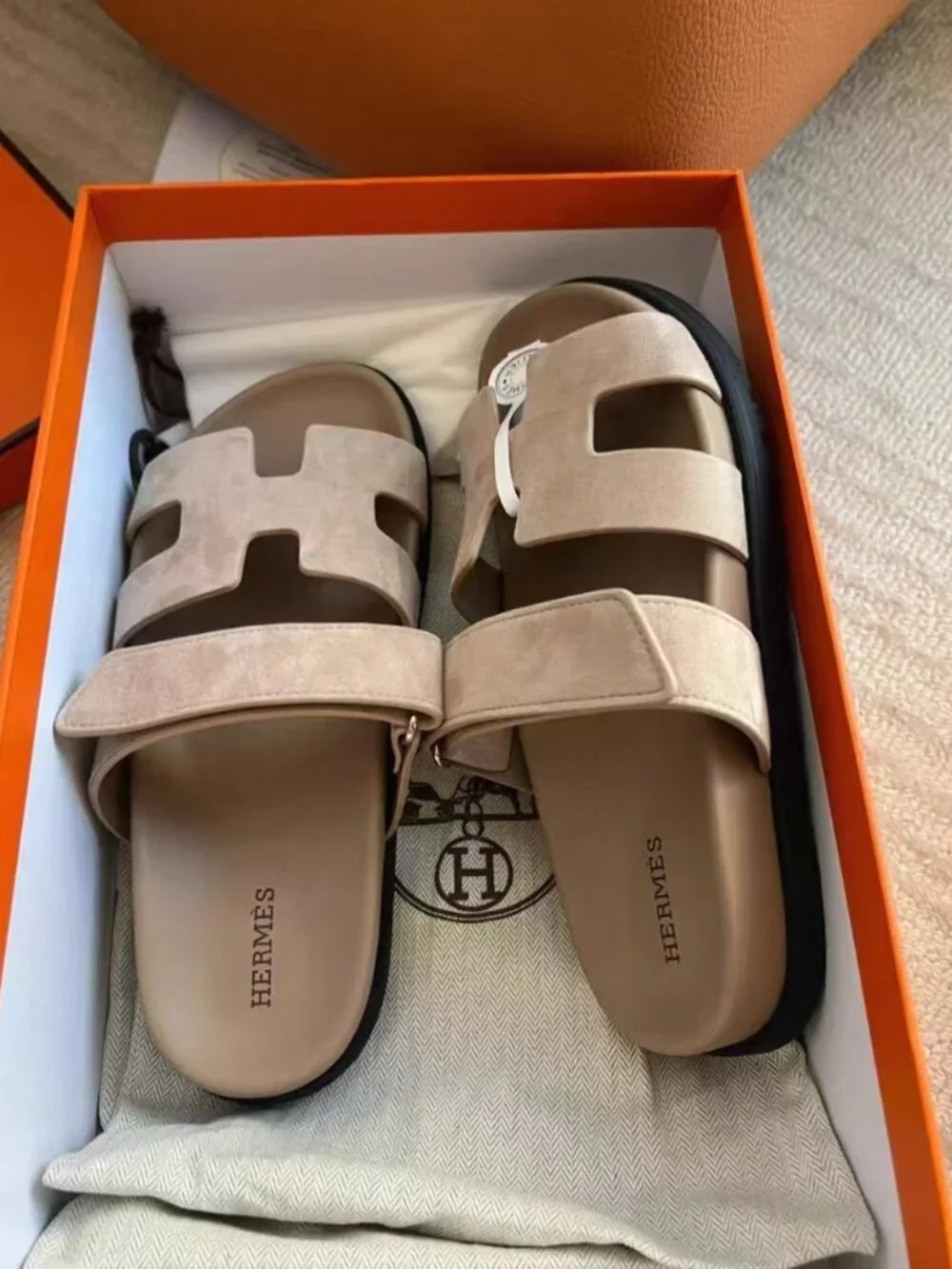 Hermès Chypre Suede Thick‑Cushion Velcro Slides